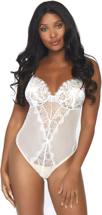 Lace and Sheer Mesh Teddy White-M