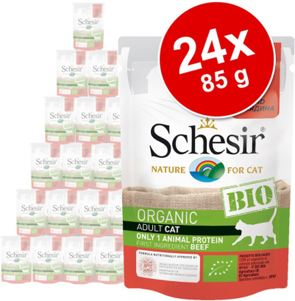 Schesir Bio Pouch 24 x 85 g - Sterilized Bio Huhn und Bio Schwein mit Bio Kürbis
