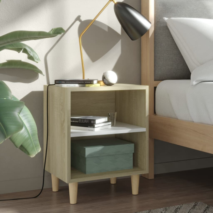 vidaXL Sängbord med massiva träben sonoma-ek och vit 40x30x50 cm